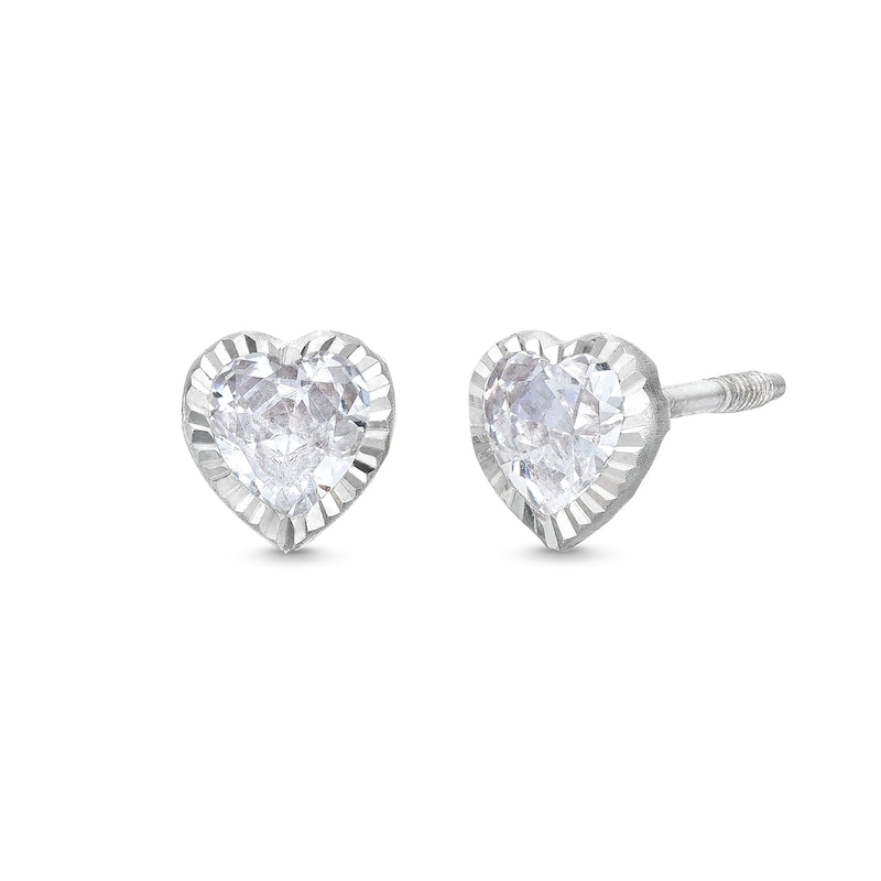 Child's Cubic Zirconia Diamond-Cut Frame Heart Stud Earrings in 14K White Gold