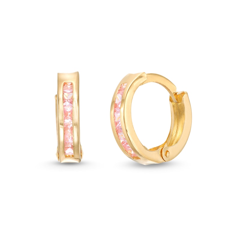 Main Image 1 of Child's 2.0mm Princess-Cut Pink Cubic Zirconia Huggie Hoop Earrings in 14K Gold