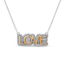 1/4 CT. T.W. Diamond Frame "LOVE" Necklace in Sterling Silver and 14K Gold Plate