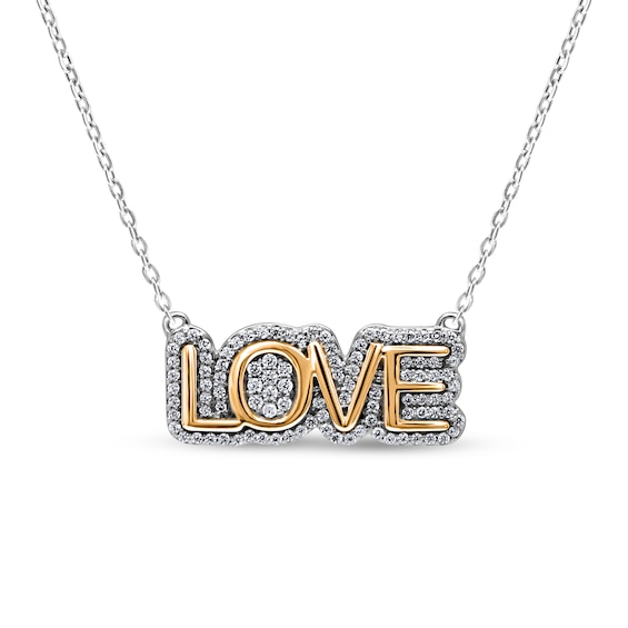 1/4 CT. T.w. Diamond Frame "Love" Necklace in Sterling Silver and 14K Gold Plate