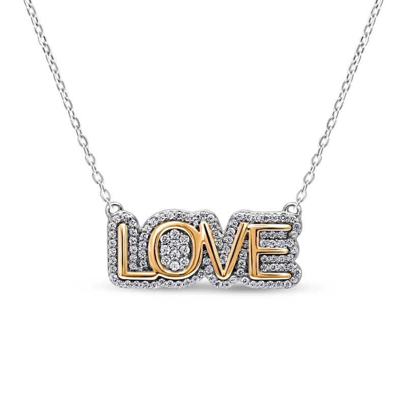 Main Image 1 of 1/4 CT. T.W. Diamond Frame "LOVE" Necklace in Sterling Silver and 14K Gold Plate