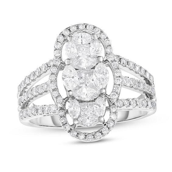 1-1/3 CT. T.w. Multi-Diamond Linear Trio Split Shank Ring in 14K White Gold