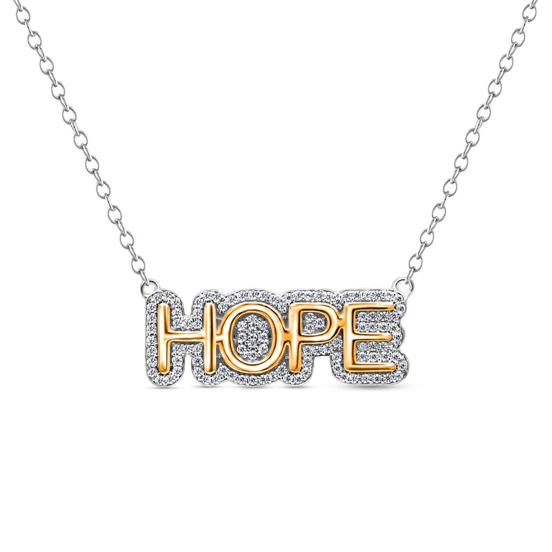 Main Image 1 of 1/4 CT. T.W. Diamond Frame "HOPE" Necklace in Sterling Silver and 14K Gold Plate
