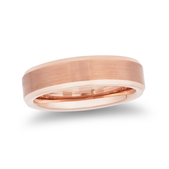 Men's 6.0mm Satin Center Beveled Edge Band Rose Ion-Plated Tungsten