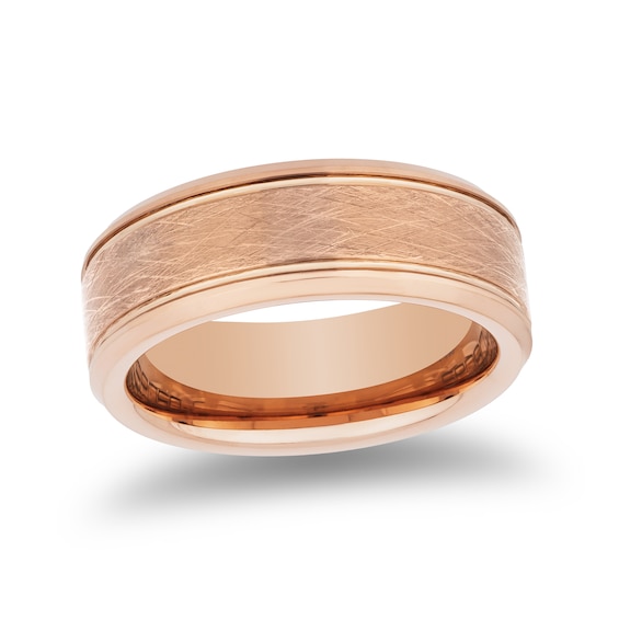 Men's 8.0mm Textured Center Beveled Edge Band in Rose Ion-Plated Tungsten