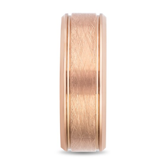 Men's 8.0mm Textured Center Beveled Edge Band in Rose Ion-Plated Tungsten