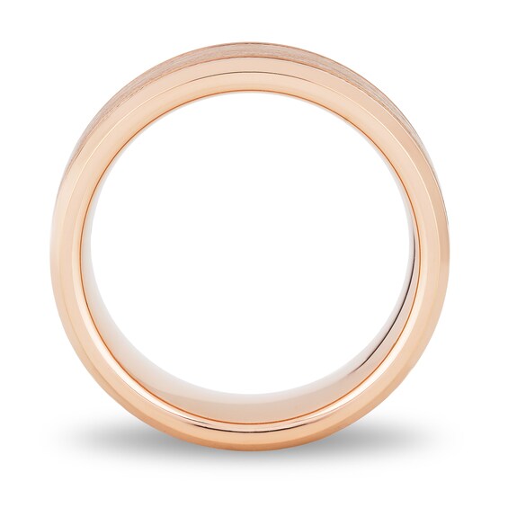 Men's 8.0mm Textured Center Beveled Edge Band in Rose Ion-Plated Tungsten