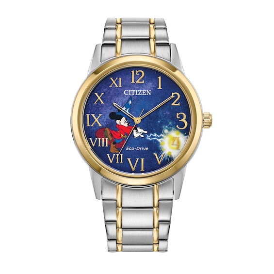 Men's Citizen Eco-DriveÂ® Disney Sorcerer's Apprentice Mickey Two-Tone IP Watch with Blue Dial (Model: Fe7064-71W)