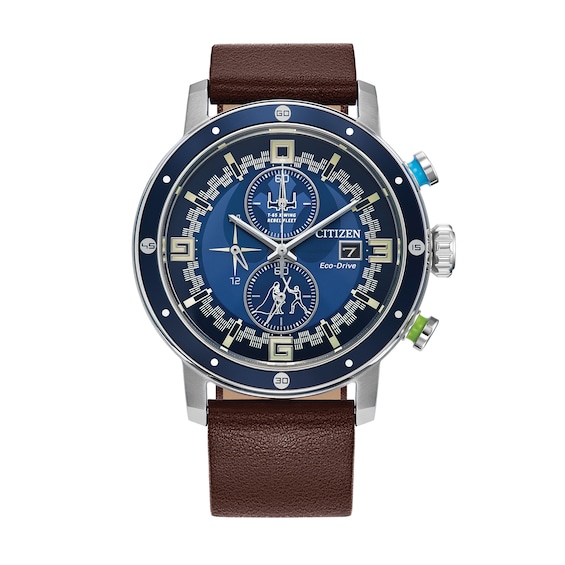 Men's Citizen Eco-DriveÂ® Star Warsâ¢ Luke Skywalkerâ¢ Brown Strap Chronograph Watch with Blue Dial (Model: Ca0768-07W)