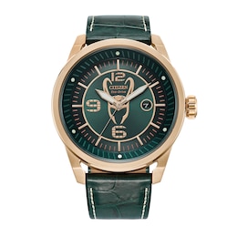 Men's Citizen Eco-Drive® ©Marvel Loki Green Strap Rose IP Watch with Green Dial (Model: AW1363-06W)