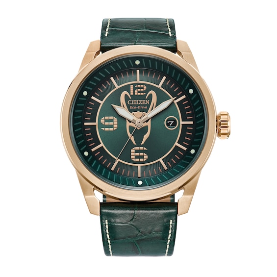 Men's Citizen Eco-Drive® ©Marvel Loki Green Strap Rose IP Watch with Green Dial (Model: Aw1363-06W)
