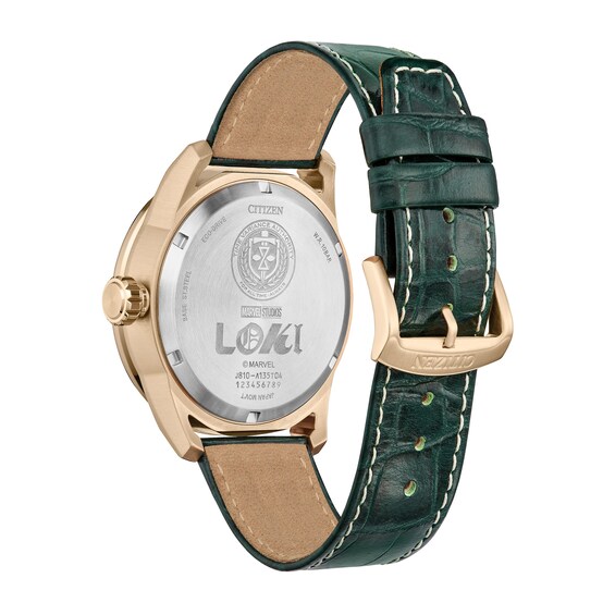 Men's Citizen Eco-DriveÂ® Â©Marvel Loki Green Strap Rose IP Watch with Green Dial (Model: Aw1363-06W)