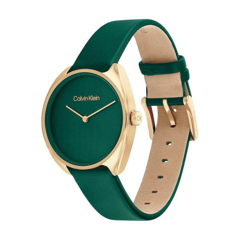 Ladies\' Calvin Klein Gold-Tone IP Green | Watch (Model: Zales 25200273) Leather Strap