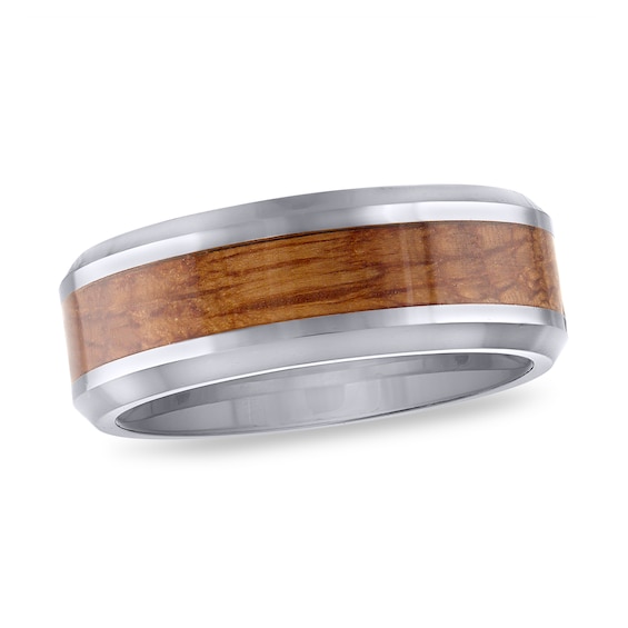 Men's 8.0mm Wood Inlay Beveled Edge Band in Tungsten