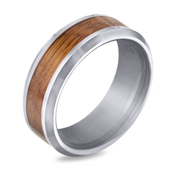 Men's 8.0mm Wood Inlay Beveled Edge Band Tungsten