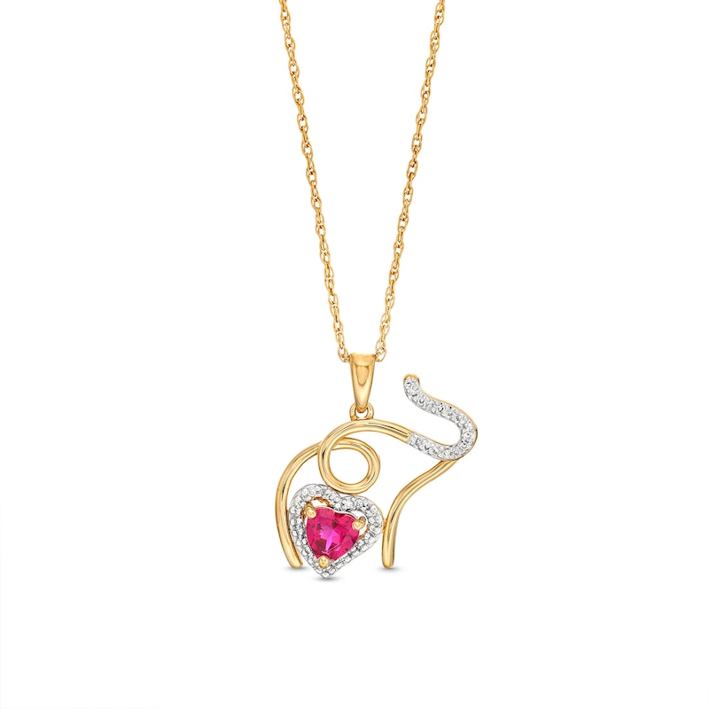 Main Image 1 of Heart-Shaped Lab-Created Ruby and 1/10 CT. T.W. Diamond Elephant Calf Pendant in Sterling Silver with 14K Gold Plate