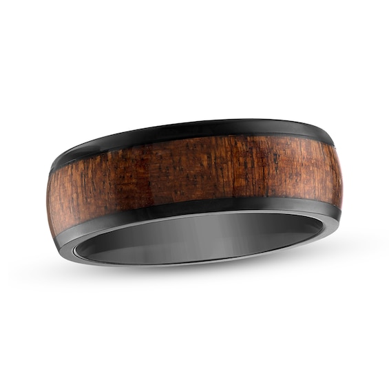 Men's 8.0mm Wood Inlay Beveled Edge Band Black Ion-Plated Tungsten