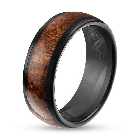 8.0mm Wood Inlay Beveled Edge Band in Black Ion-Plated Tungsten