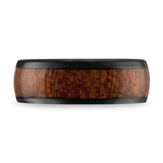 8.0mm Wood Inlay Beveled Edge Band in Black Ion-Plated Tungsten