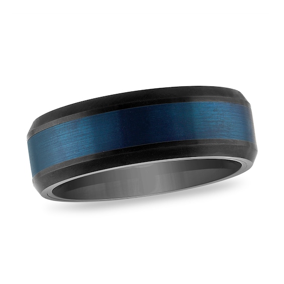 Men's 8.0mm Blue Brushed Center Beveled Edge Band Black Ion-Plated Tungsten