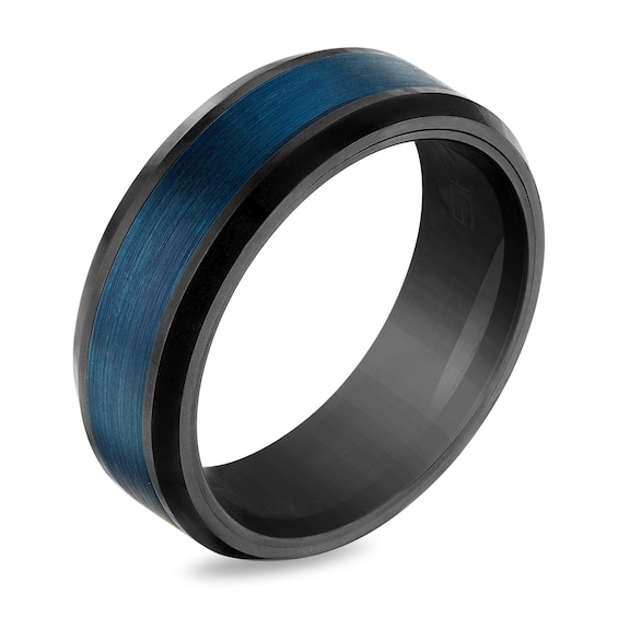 8.0mm Blue Brushed Center Beveled Edge Band Black Ion-Plated Tungsten