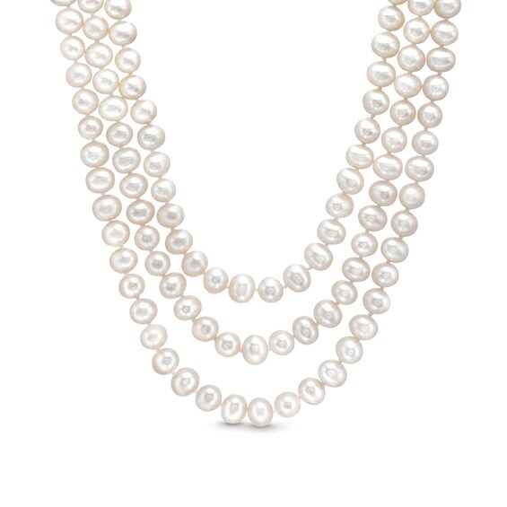Freshwater Cultured Pearl Triple Strand Necklace with Floral Sterling Silver Clasp-19"