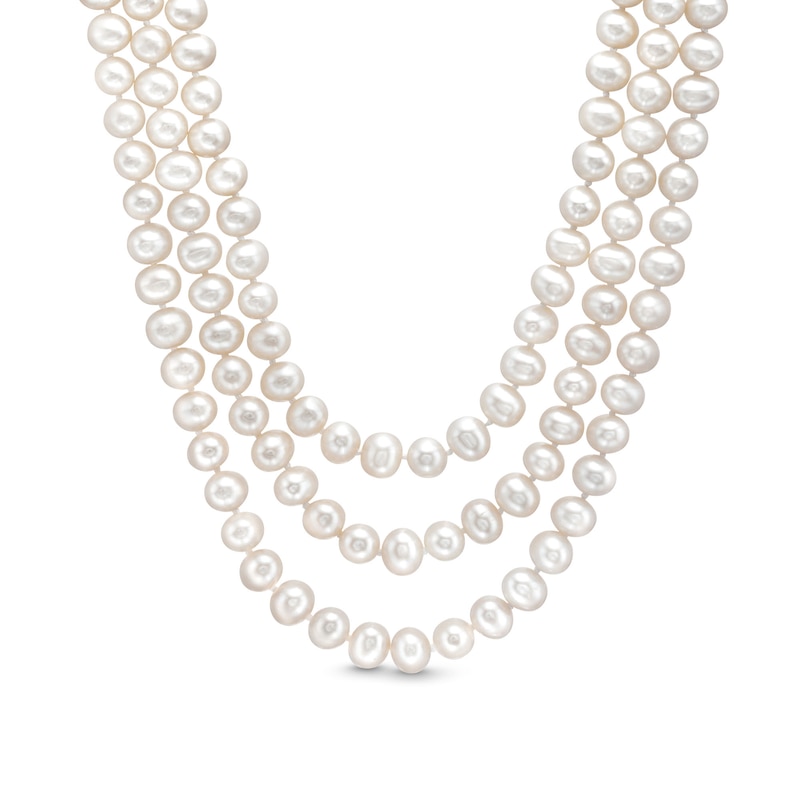 Main Image 1 of Freshwater Cultured Pearl Triple Strand Necklace with Floral Sterling Silver Clasp-19"