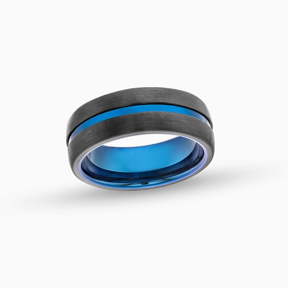 Men's 8.0mm Split Brushed Beveled Edge Band Blue and Black Ion-Plated Tungsten