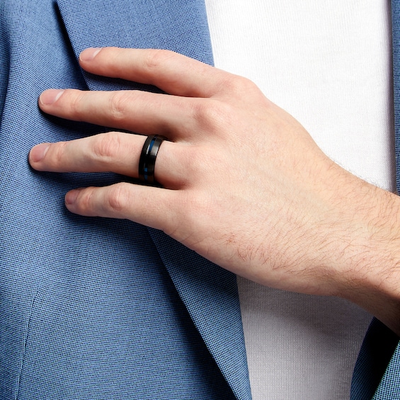8.0mm Split Brushed Beveled Edge Band Blue and Black Ion-Plated Tungsten