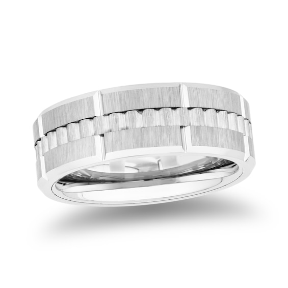 Men's 8.0mm Ribbed Stripe Band in Silver-Tone Ion-Plated Tungsten