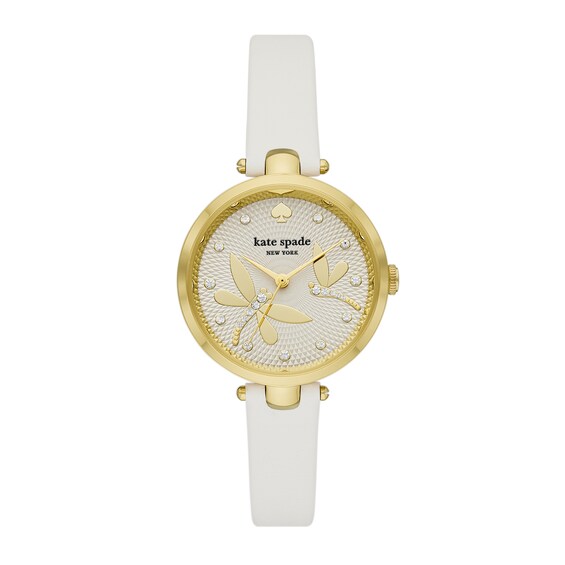 Ladies' Kate Spade Holland Gold-Tone White Leather Strap Watch with Crystal Accent Textured White Dial (Model: Ksw1790)