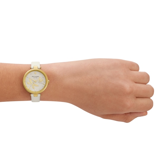 Ladies' Kate Spade Holland Gold-Tone White Leather Strap Watch with Crystal Accent Textured White Dial (Model: Ksw1790)