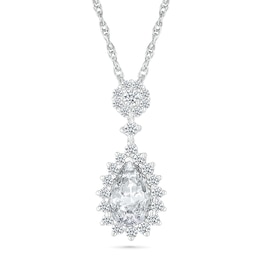 Pear-Shaped White Lab-Created Sapphire Sunburst Frame Drop Pendant in Sterling Silver