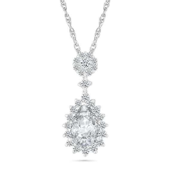 Pear-Shaped White Lab-Created Sapphire Sunburst Frame Drop Pendant in Sterling Silver