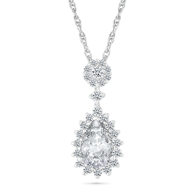 Main Image 1 of Pear-Shaped White Lab-Created Sapphire Sunburst Frame Drop Pendant in Sterling Silver