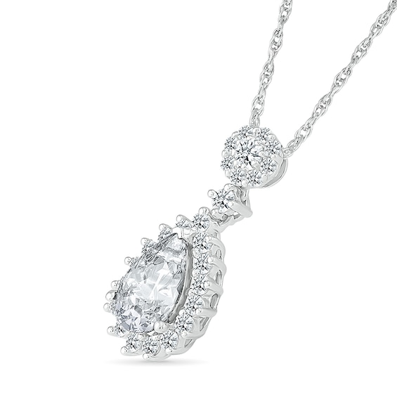 Pear-Shaped White Lab-Created Sapphire Sunburst Frame Drop Pendant in Sterling Silver