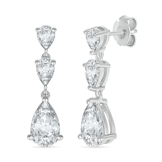 Pear-Shaped White Lab-Created Sapphire Three Stone Dangle Drop Earrings in Sterling Silver