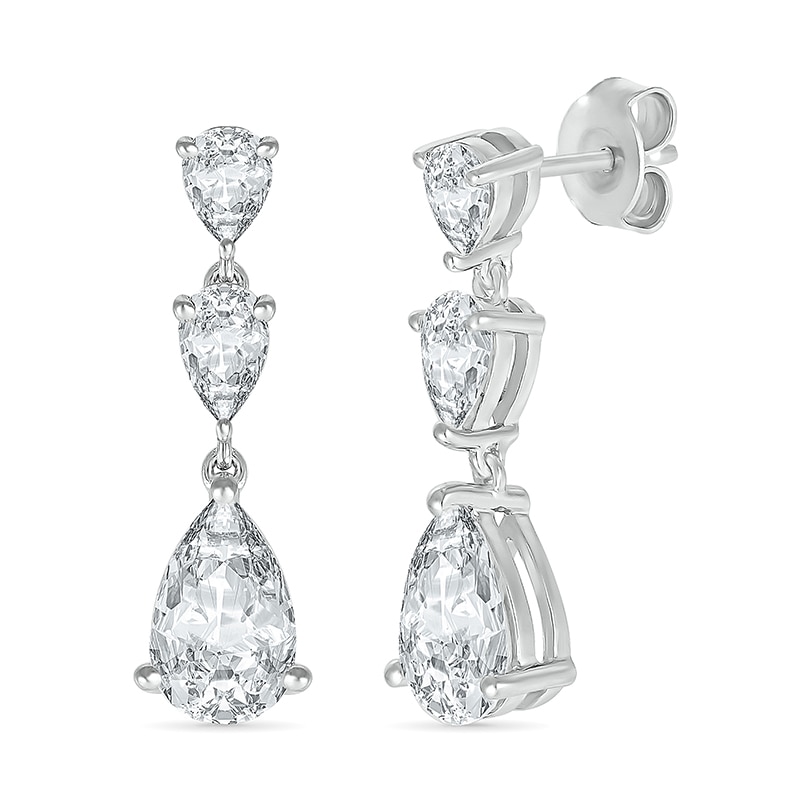 Main Image 1 of Pear-Shaped White Lab-Created Sapphire Three Stone Dangle Drop Earrings in Sterling Silver