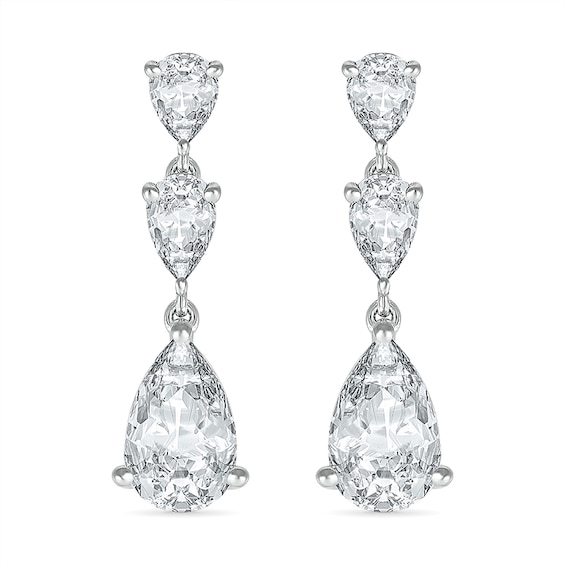 Pear-Shaped White Lab-Created Sapphire Three Stone Dangle Drop Earrings in Sterling Silver