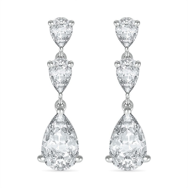 Main Image 2 of Pear-Shaped White Lab-Created Sapphire Three Stone Dangle Drop Earrings in Sterling Silver
