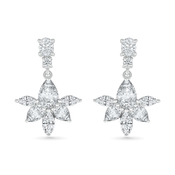 Multi-Shaped White Lab-Created Sapphire Flower Drop Earrings in Sterling Silver