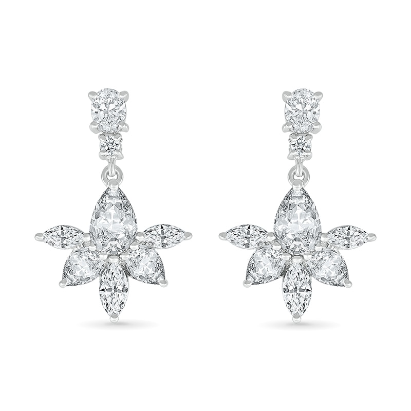 Main Image 2 of Multi-Shaped White Lab-Created Sapphire Flower Drop Earrings in Sterling Silver