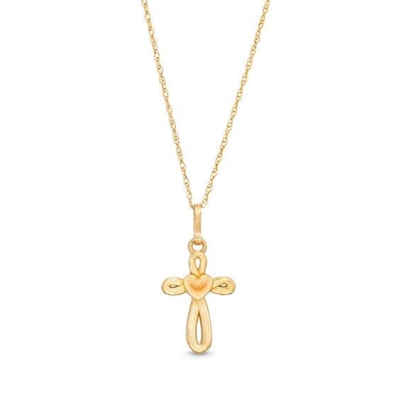 Child's Looping Cross with Heart Pendant in 14K Gold - 15"