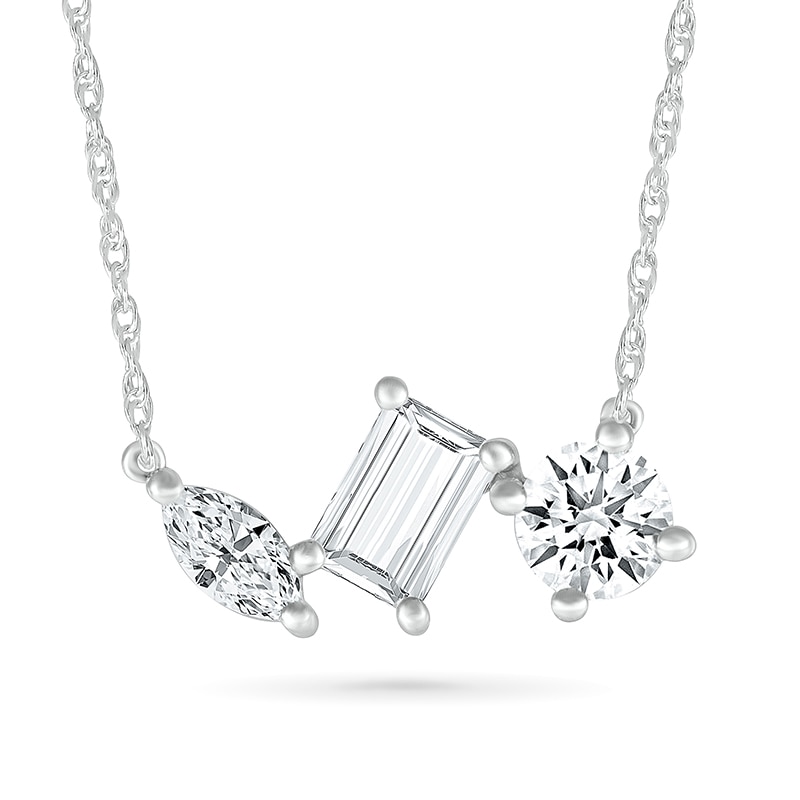 Main Image 1 of Round, Marquise and Emerald-Cut White Lab-Created Sapphire Cluster Necklace in Sterling Silver