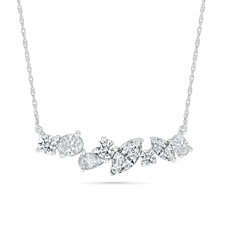 Main Image 1 of Multi-Shaped White Lab-Created Sapphire Cluster Line Necklace in Sterling Silver