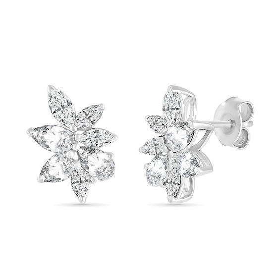 Marquise and Pear-Shaped White Lab-Created Sapphire Cluster Stud Earrings in Sterling Silver