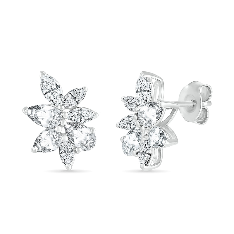 Main Image 1 of Marquise and Pear-Shaped White Lab-Created Sapphire Cluster Stud Earrings in Sterling Silver