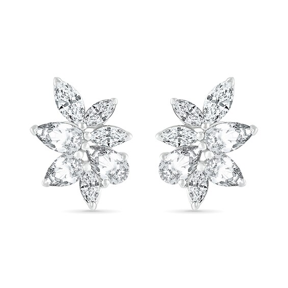 Marquise and Pear-Shaped White Lab-Created Sapphire Cluster Stud Earrings in Sterling Silver