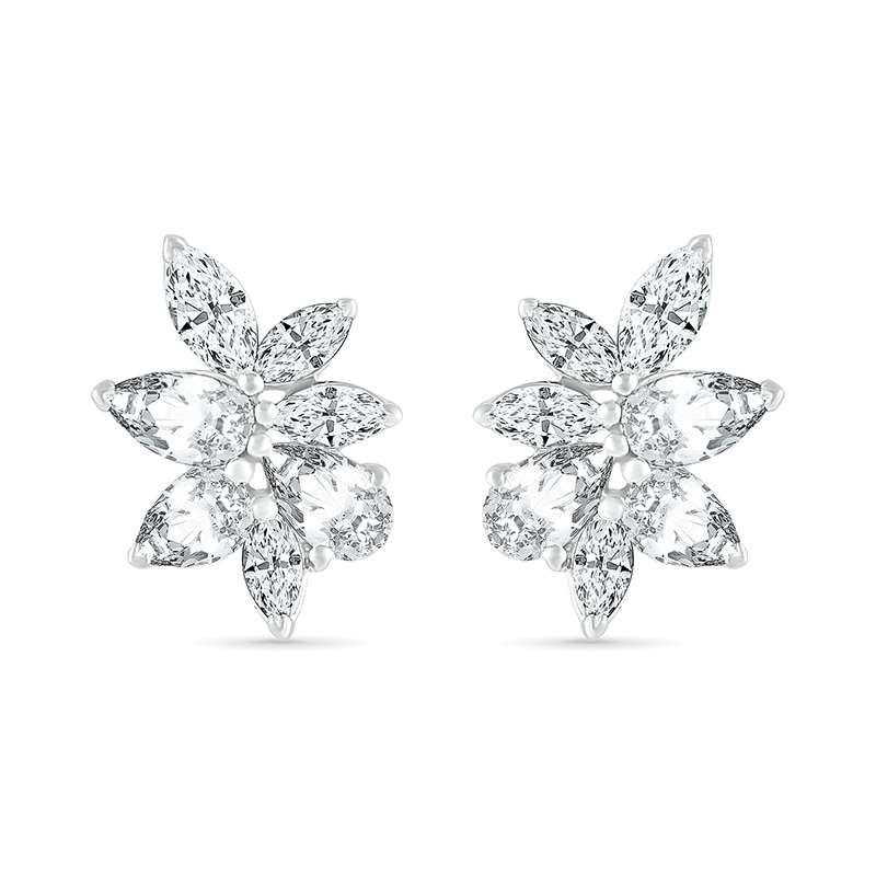 Main Image 2 of Marquise and Pear-Shaped White Lab-Created Sapphire Cluster Stud Earrings in Sterling Silver