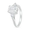 Thumbnail Image 2 of Emerald-Cut and Pear-Shaped White Lab-Created Sapphire Three Stone Ring in Sterling Silver